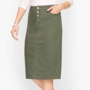 Talbots Denim Pencil Skirt in Olive Green with Button Fly and Back Slit Size 16